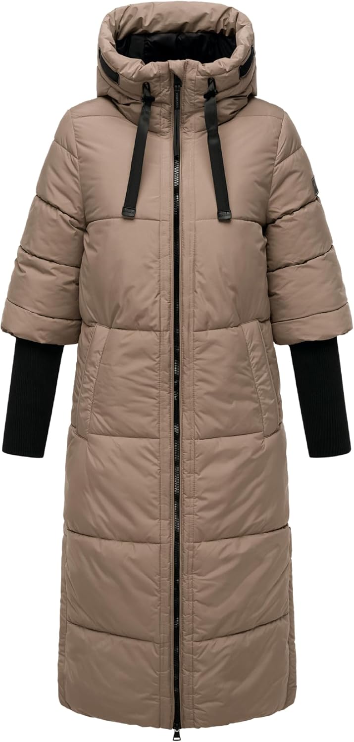 Navahoo Damen langer Wintermantel warmer Steppmantel mit Kapuze und Rippstrickärmeln Ciao Miau XIV X