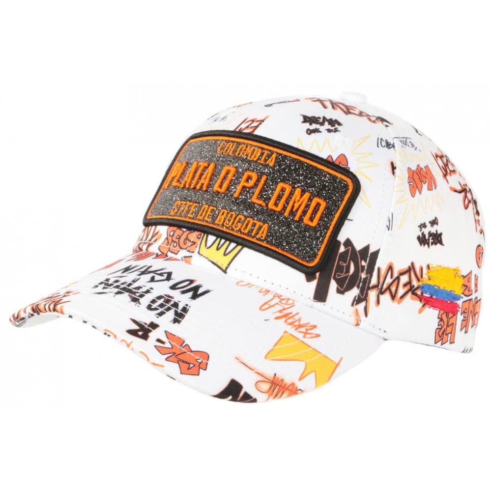 Plata o Plomo Cap Weiss und Orange Strass Streetwear Power Colombia Baseball Unisex, weiss, Einheits