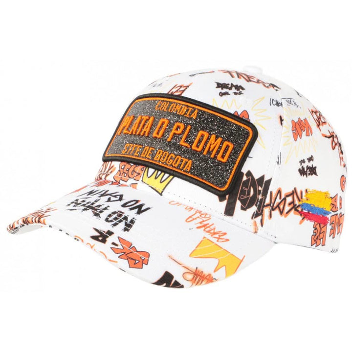 Plata o Plomo Cap Weiss und Orange Strass Streetwear Power Colombia Baseball Unisex, weiss, Einheits