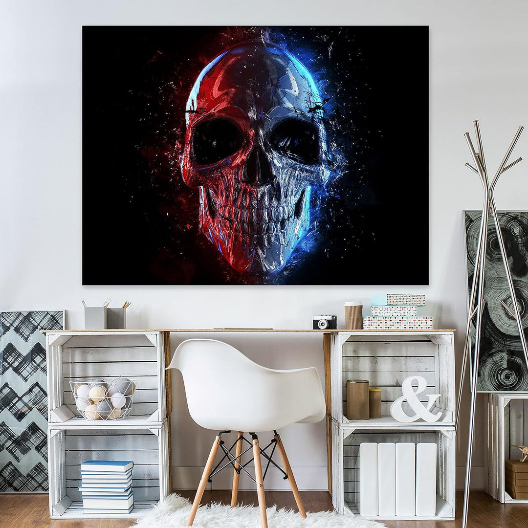 wandmotiv24 Totenkopf Wandbild aus Acrylglas, Grösse 80x60cm, Querformat, silberner Schädel, Rot & B
