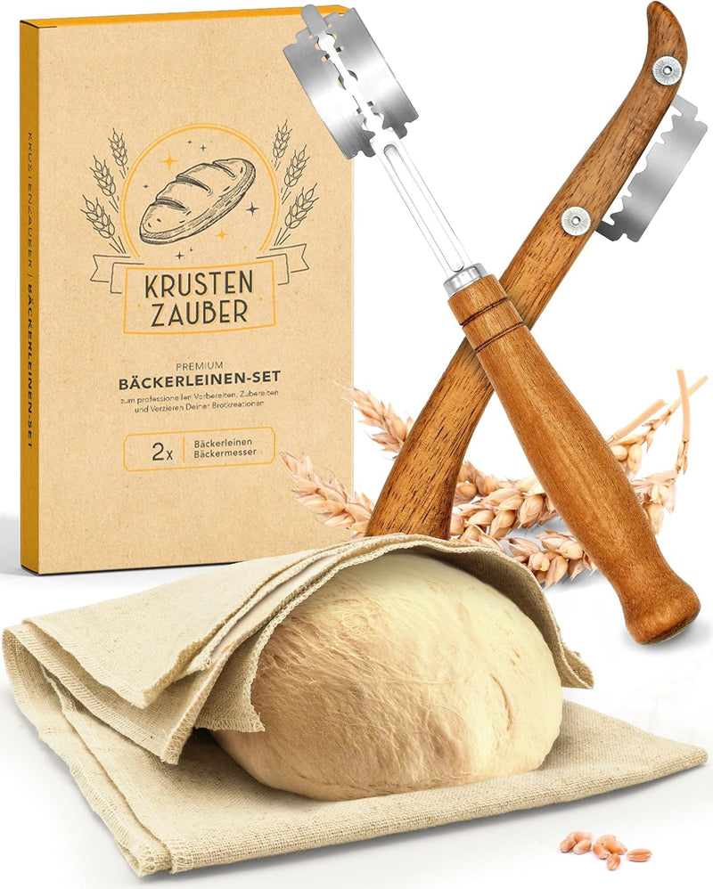 KRUSTENZAUBER Bäckerleinen und Bäckermesser Set - 2x Leinentuch 75x45cm + 2x Teigmesser - Brot Backe