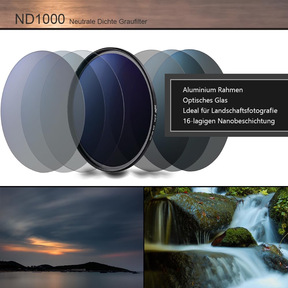ND1000 67mm Filter, X-Pro Series Slim Neutral Graufilter ND1000 (10 Stops) Objektivfilter mit 16 Nan