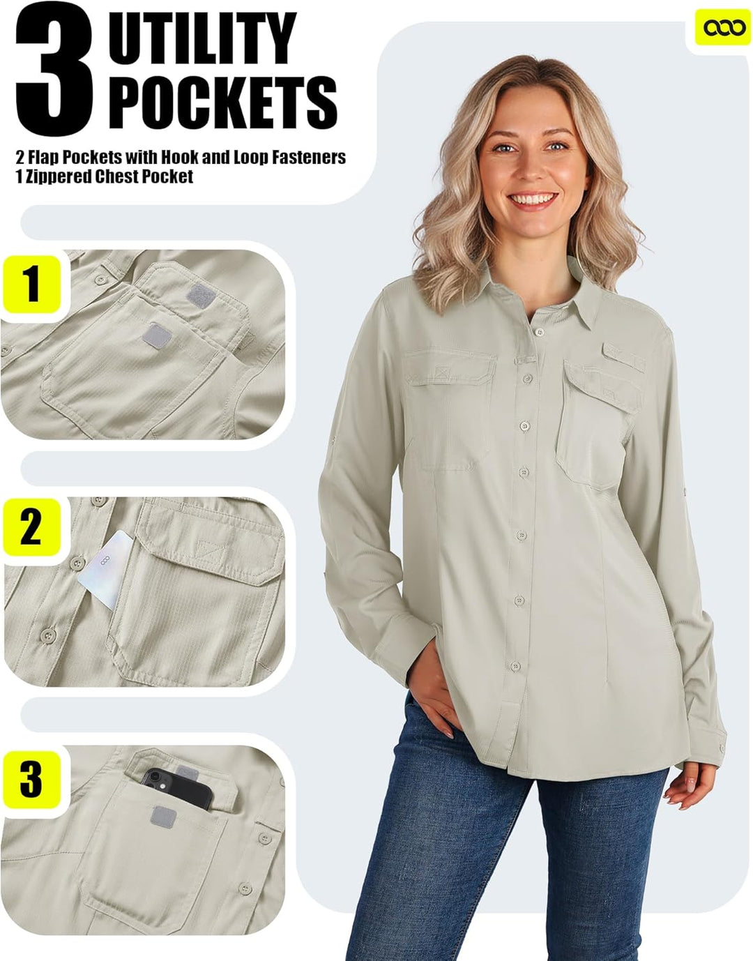 33,000ft Hemdbluse Damen UPF50 UV Schutz Hemd Schnelltrocknende Button-Down Shirts Atmungsaktive Wan