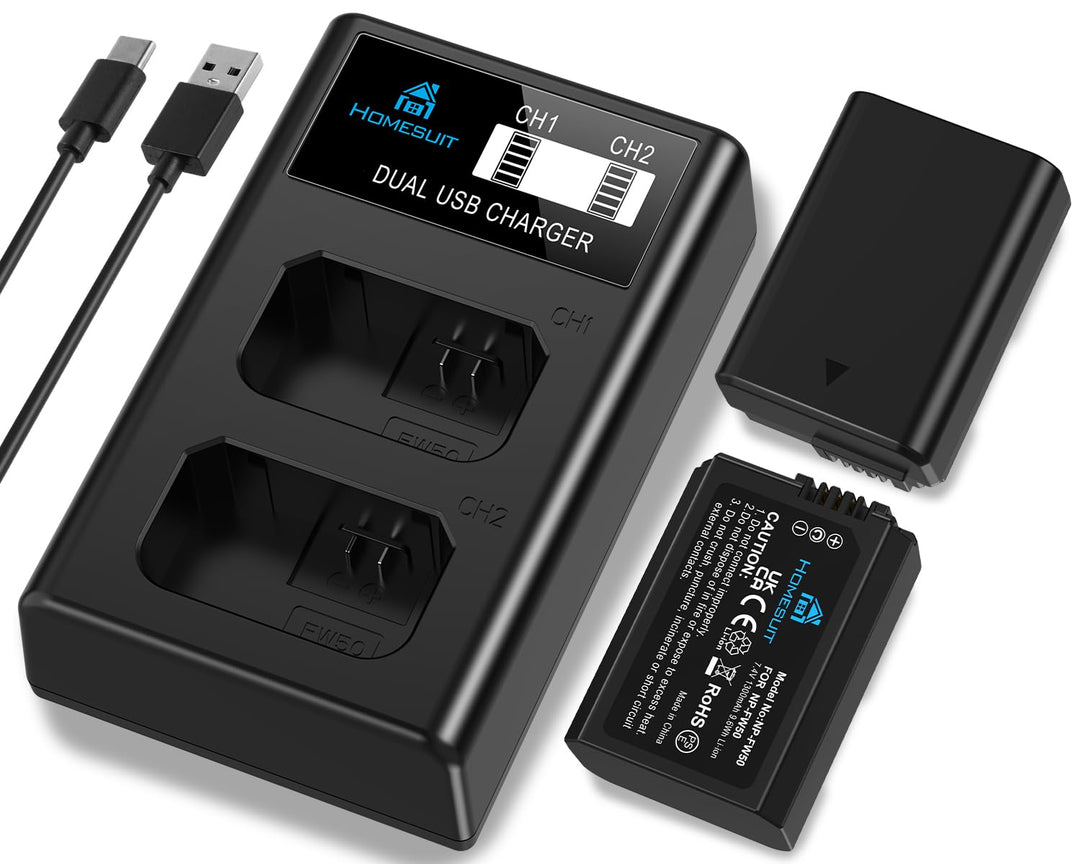 Homesuit NP-FW50 Akku 1300mAh und USB LCD Ladegerät Kit für Sony ZV-E10 A6000 A6300 A6400 A6500 A510