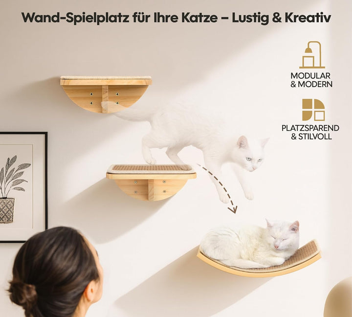 Katzen Kletterwand, Gebogenes Katzen-Wandregal mit Sisal-Kratzmatte, Wandmontiertes Massivholz Katze