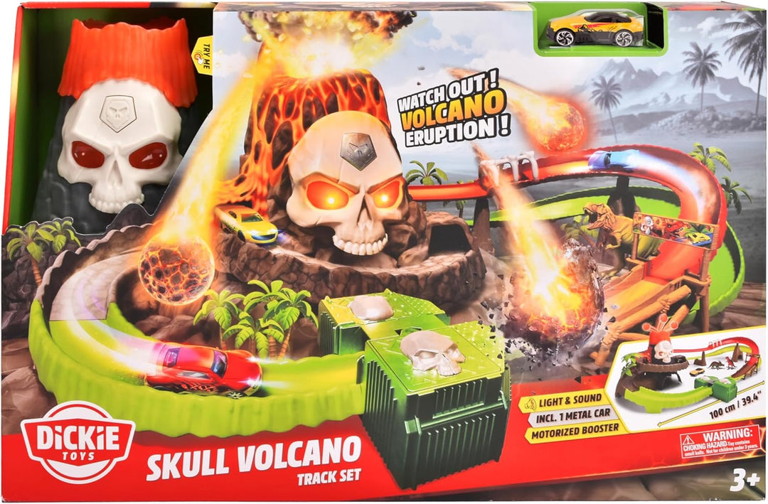 Dickie Toys - Autorennbahn Skull Volcano Track Set (100 cm) mit Vulkan-Ausbruch, Auto & Dinosaurier-