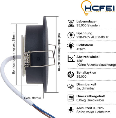 HCFEI LED Einbaustrahler dimmbar schwarz schwenkbar 5W flach 230V Einbau-Spot Strahler Einbauspot 68