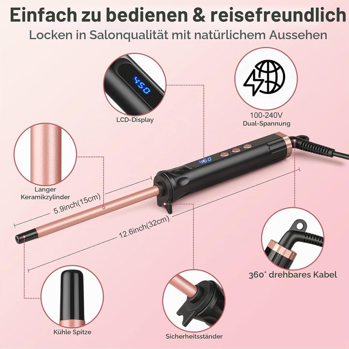 Lockenstab Dünn 9mm, Mini Lockenstäbe mit Quarz-Keramik-Beschichtung &amp; LCD 100-230°C, 14 Stufen, für
