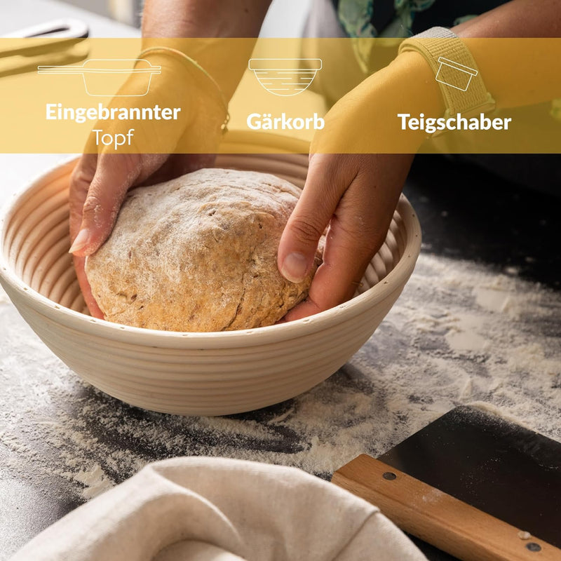 Chefarone Gusseisen Topf mit Griff 2in1 inkl. Gärkorb und Teigschaber - Brotbackform mit Deckel 3L -