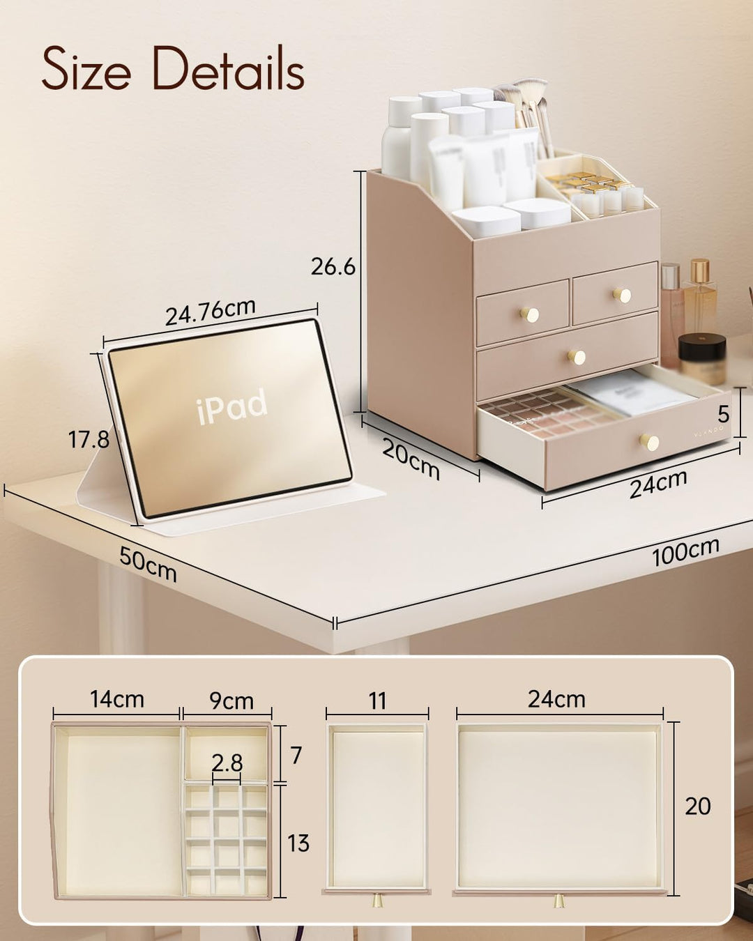 VLANDO Make up Organizer mit 4 Schubladen, Schminktisch Kosmetik Skincare Parfüm Organizer, für Bade