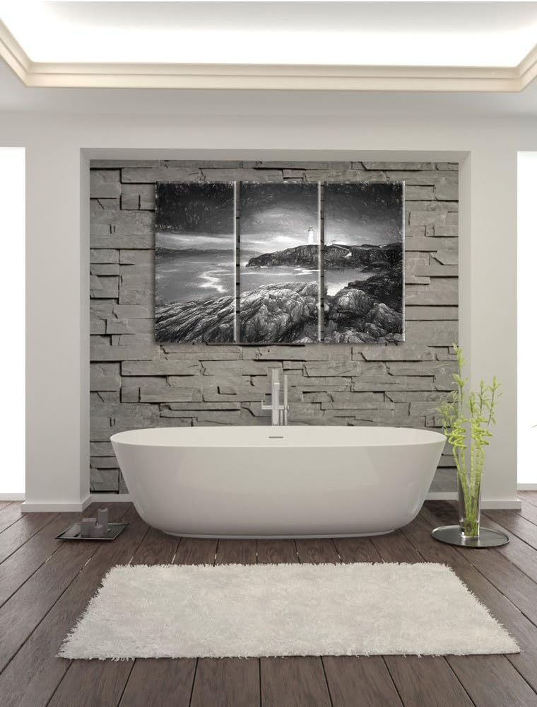 Pixxprint Leuchtturm im Meer Kohle Effekt 3-Teiler Leinwandbild 120x80 Bild auf Leinwand