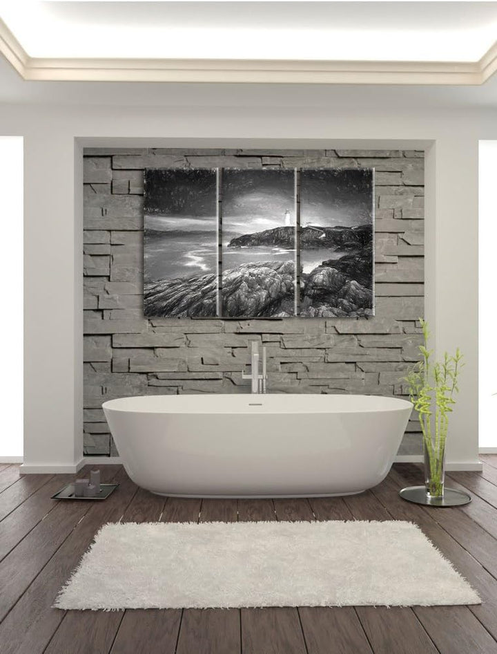 Pixxprint Leuchtturm im Meer Kohle Effekt 3-Teiler Leinwandbild 120x80 Bild auf Leinwand