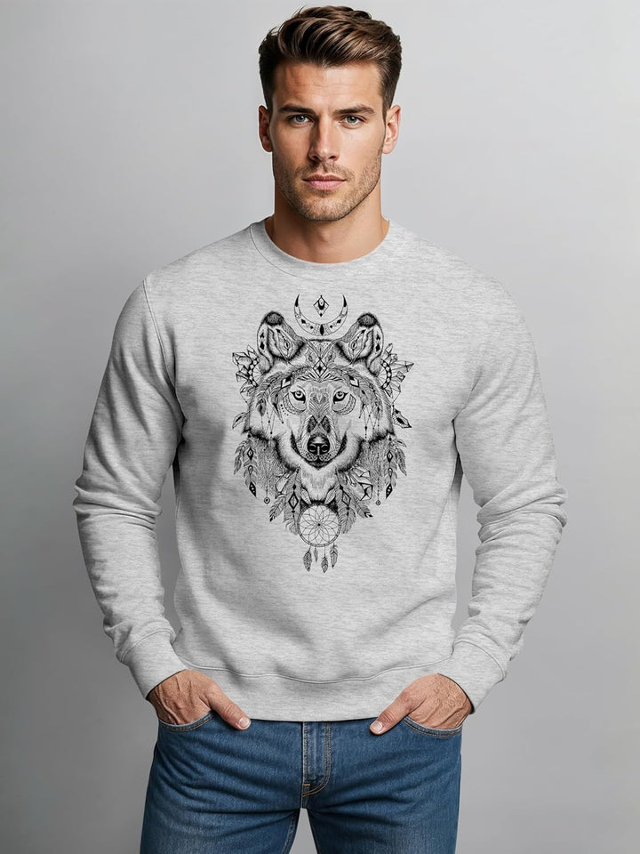 Neverless® Sweatshirt Herren Aufdruck Wolf-Motiv Print Boho Bohemian Ethno Style Rundhals-Pullover g