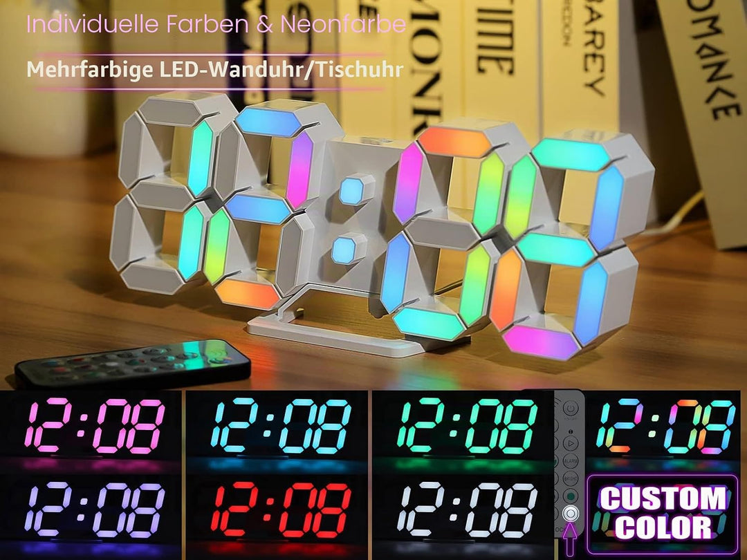 KOSUMOSU Wanduhr, Neon-Digitaluhr, 3D-LED-Schreibtischuhr, grosses Display, 24.6 cm, RGB-Uhr, ästhet