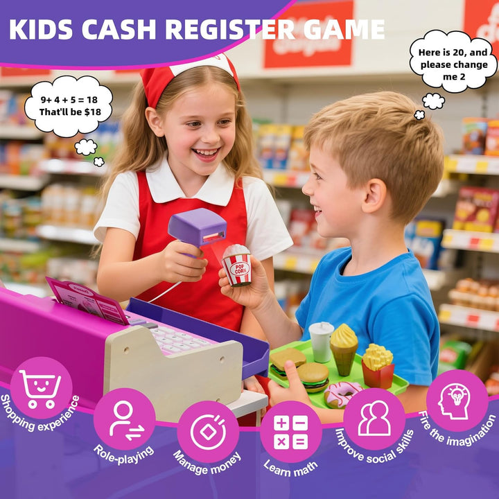 Kinder Kasse Holzkasse mit Sound, Spielkasse Kaufladen Spielzeug mit Spielgeld/Münzen/Kreditkarte/Ei