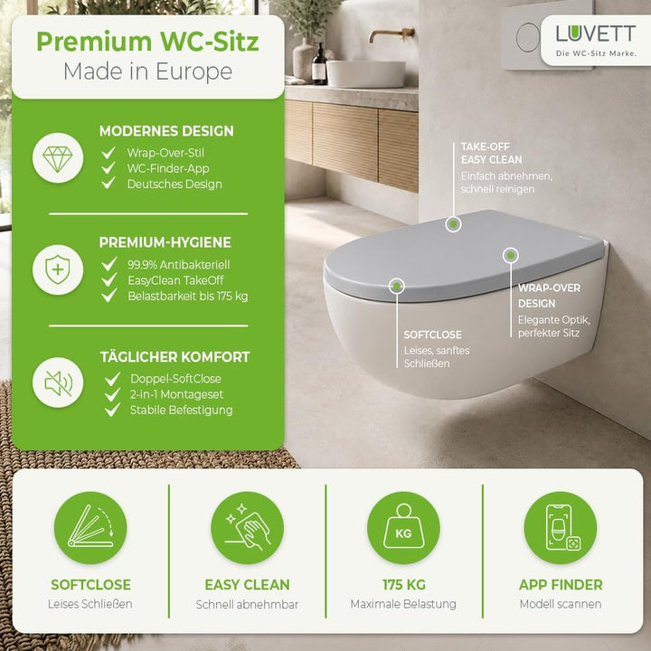 LUVETT® WC-Sitz mit Absenkautomatik C100 oval universell, Toilettendeckel mit 3 Edelstahl Montagelös