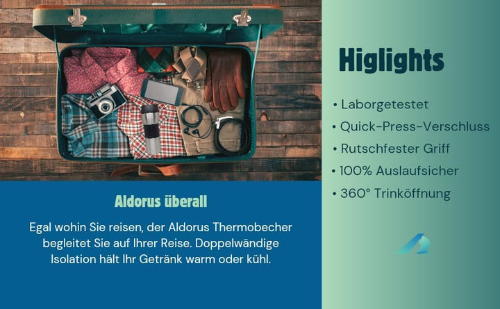 Thermobecher 400 ml – doppelwandig vakuumisoliert (Edelstahl), 4 h heiss / 6 h kalt, 100% auslaufsic