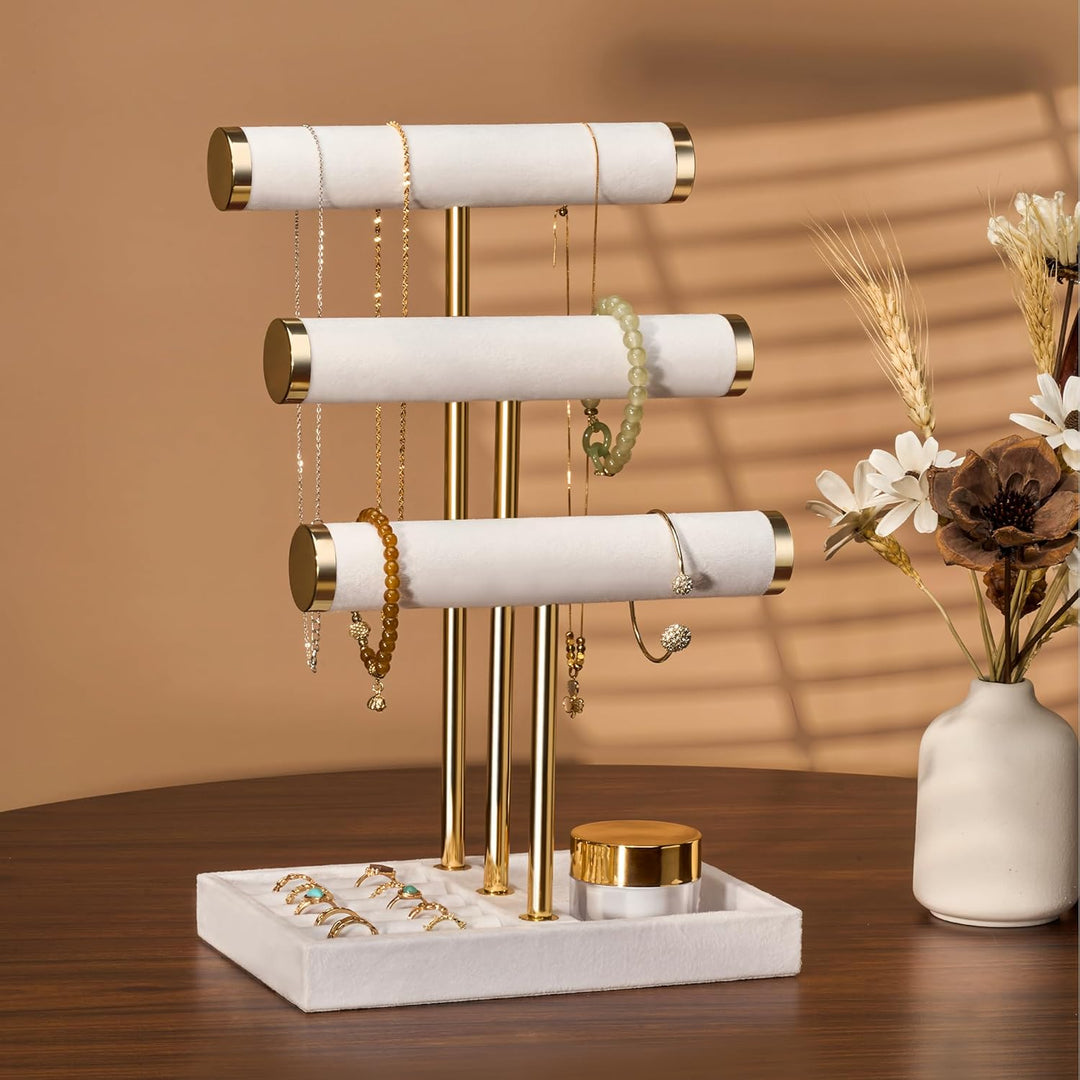 Schmuck Organizer mit 3 Ebenen - Weiss Schmuckständer Armbänder, Abnehmbarer T-Steg Schmuck Ständer,