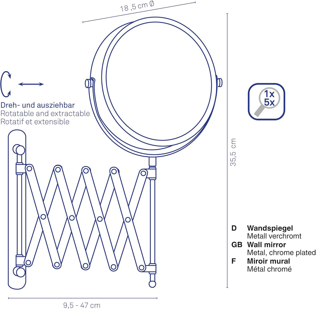 kela Wandspiegel Avita, Ø 18,5 cm, Metall, silber glänzend, ausziehbar, 1-/5-fach Vergrösserung, 208
