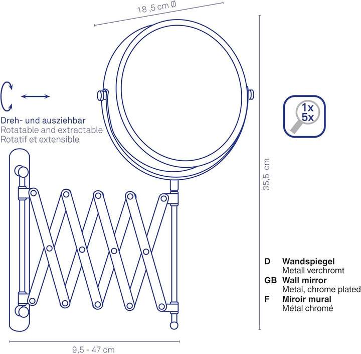kela Wandspiegel Avita, Ø 18,5 cm, Metall, silber glänzend, ausziehbar, 1-/5-fach Vergrösserung, 208