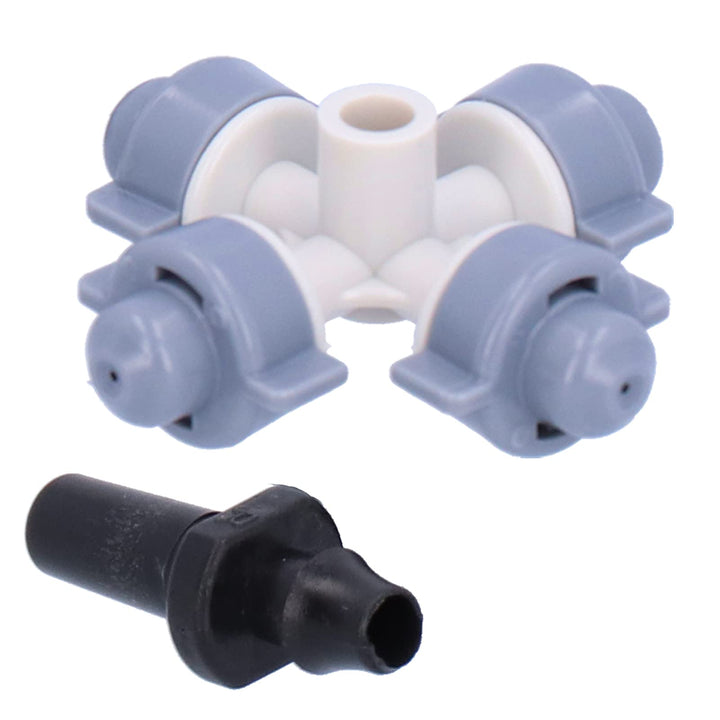 50 Set 4 Wege Nebeldüse, Mikro Zerstäuber Sprinkler Kopf, Kunststoff Gartenbewässerungs Tropfsprühdü