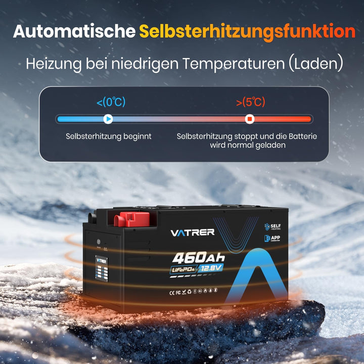 VATRER POWER 12V 460Ah Selbstaufheizende LiFePO4 RV- & Wohnmobil-Batterie, APP-Überwachung, integrie
