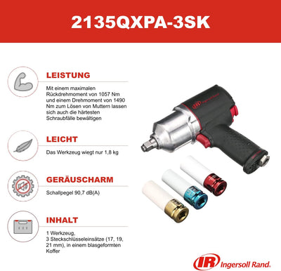 Ingersoll Rand Druckluft Schlagschrauber 2135QXPA-3SK, mit 1.057 Nm Drehmoment, Steckschlüsselset mi