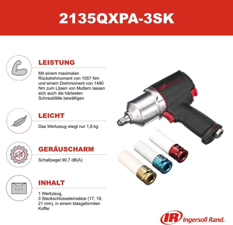 Ingersoll Rand Druckluft Schlagschrauber 2135QXPA-3SK, mit 1.057 Nm Drehmoment, Steckschlüsselset mi