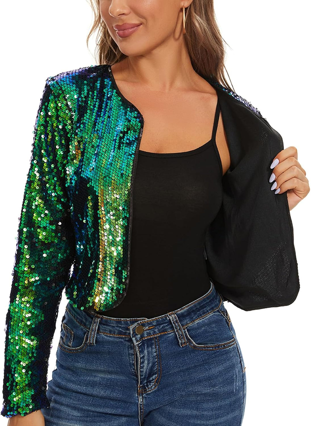 MINTLIMIT Damen Pailletten Strickjacke Kurz Offene Cardigan Langarm Bolero Dünne Elegant Hakenversch