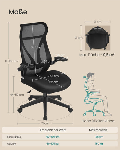 SONGMICS Bürostuhl, Schreibtischstuhl, ergonomische Rückenlehne, höhenverstellbar, hochklappbare Arm