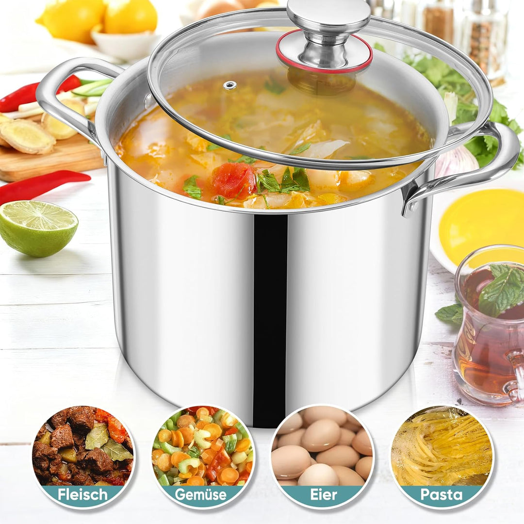 Kochtopf Gross 9,4 L, Onader 3-Lagen Edeastahl Topf Induktion, Kochtöpfe Nudeltopf Suppentopf mit Gl