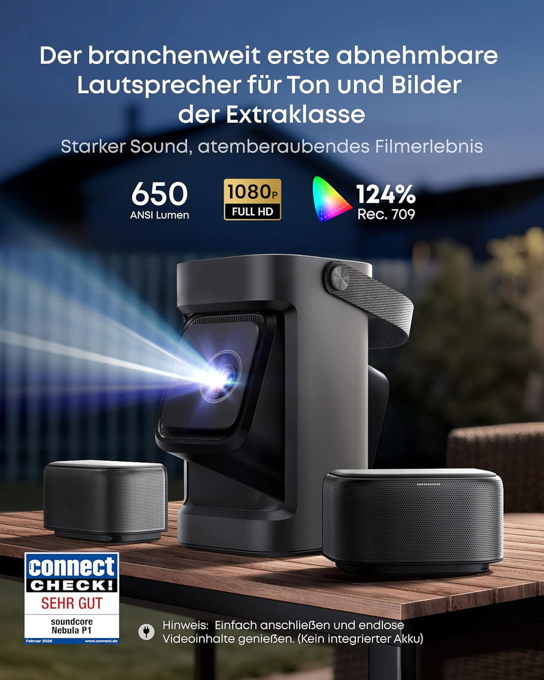 soundcore Nebula P1｜Mobiler Beamer mit abnehmbarem Lautsprecher und integriertem AV-System, 650 ANSI
