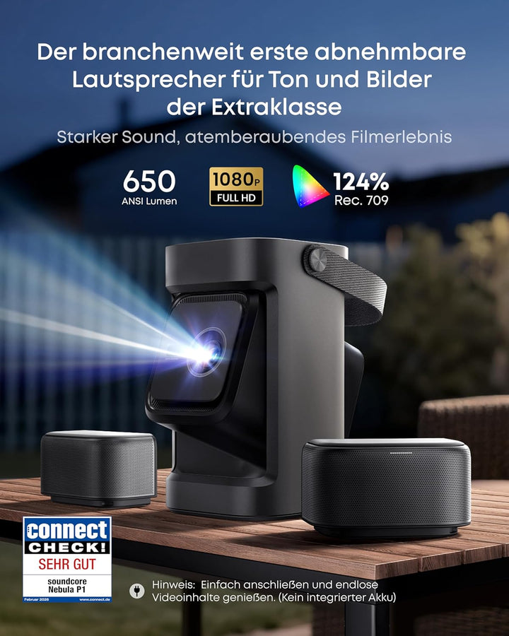 soundcore Nebula P1｜Mobiler Beamer mit abnehmbarem Lautsprecher und integriertem AV-System, 650 ANSI