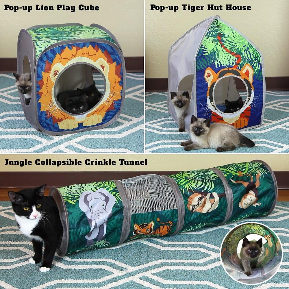 Kitty City Jungle Cat Cube Combo Faltbarer Katzenwürfel Katzenbett Tunnel Katzenspielzeug Kombi, Kom