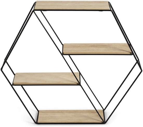 LIFA LIVING Hexagon Wandregal aus Metall & Holz mit 4 Böden, Schwarzes Schweberegal im Industrie Des