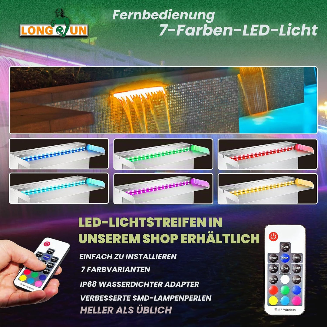 Longrun 30cm Teich Wasserfall Klingen Set, 304 Edelstahl Wasserfall mit 7 Farben LED und Fernbedienu