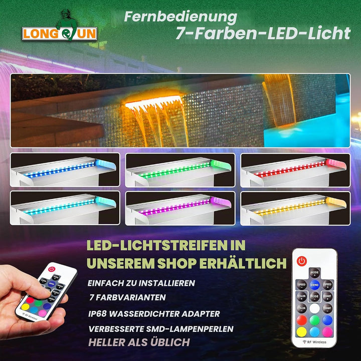 Longrun 30cm Teich Wasserfall Klingen Set, 304 Edelstahl Wasserfall mit 7 Farben LED und Fernbedienu