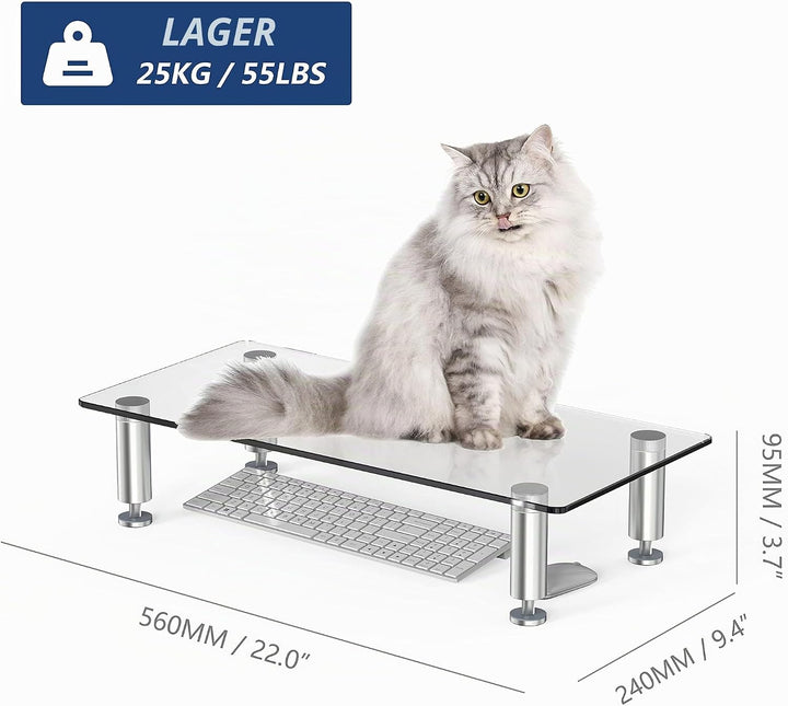 FITUEYES Monitorständer aus Glas, 56 cm Bildschirmerhöhung, Grosser Laptopständer, Multifunktionaler