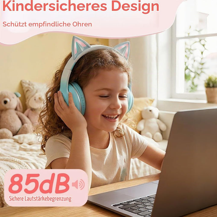 Kinder Bluetooth Kopfhörer, Katzenohr LED Lichter, Bluetooth 5.3 Stereo, Verstellbares Kopfband, 85d