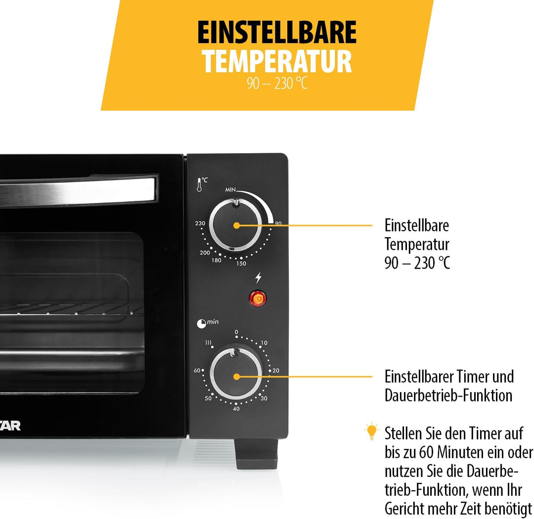 Kompakter Mini-Ofen 10 L, 800 W, Einstellbarer Thermostat, 60-Minuten-Timer, Doppelglastür für viels