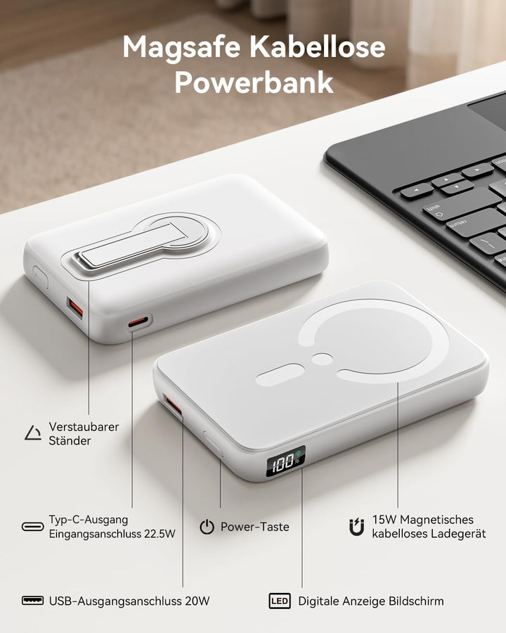 Powerbank für Magsafe, 12000mAh Kabelloses Power Bank mit 22.5W PD USB-A Ausgabe, Magnetische Extern
