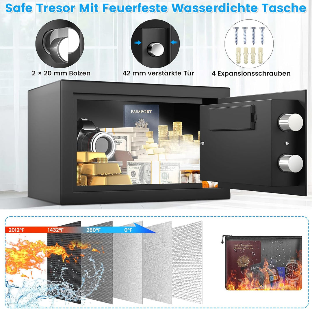 Digitaler Safe Tresor für Zuhause mit Feuerfester Tasche, Kleiner Tresor mit Zahlenschloss, Alarmmod