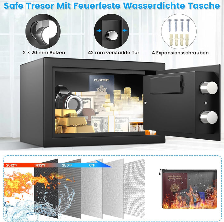 Digitaler Safe Tresor für Zuhause mit Feuerfester Tasche, Kleiner Tresor mit Zahlenschloss, Alarmmod