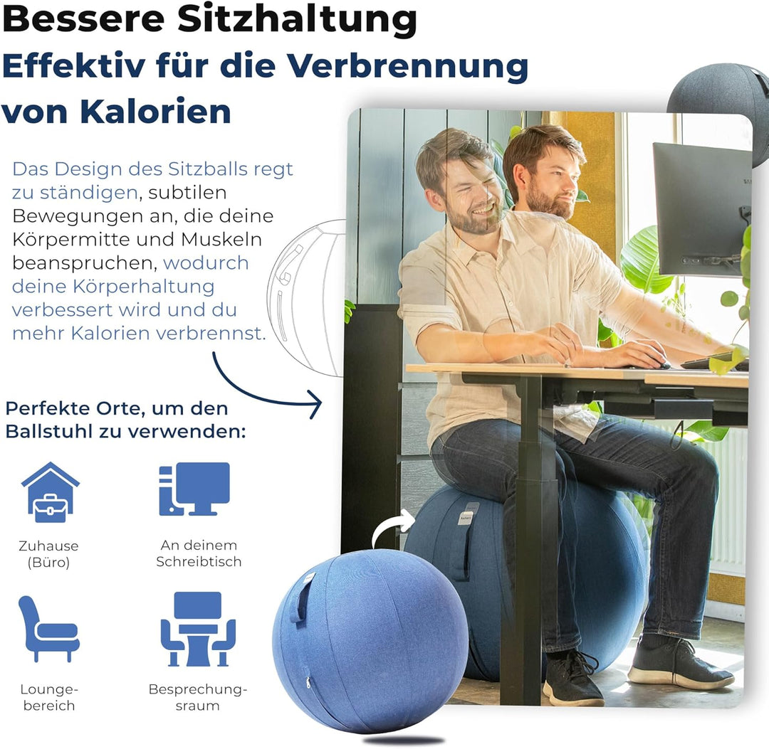 Sitzball Büro Ergonomisch 65 cm, Ergonomische Sitzmöbel für Büro und Heimbüro, Langlebiger Stoff, Gy