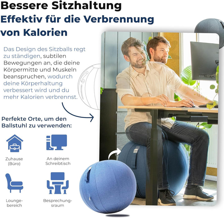 Sitzball Büro Ergonomisch 65 cm, Ergonomische Sitzmöbel für Büro und Heimbüro, Langlebiger Stoff, Gy