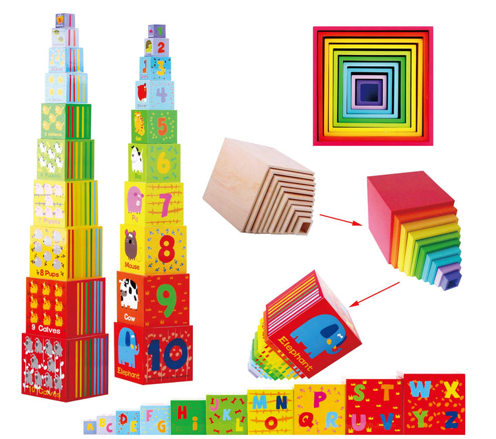 Toys of Wood Oxford Stapelturm Holz - Bunte Würfel mit Zahlen, Buchstaben und Tieren stapeln oder in