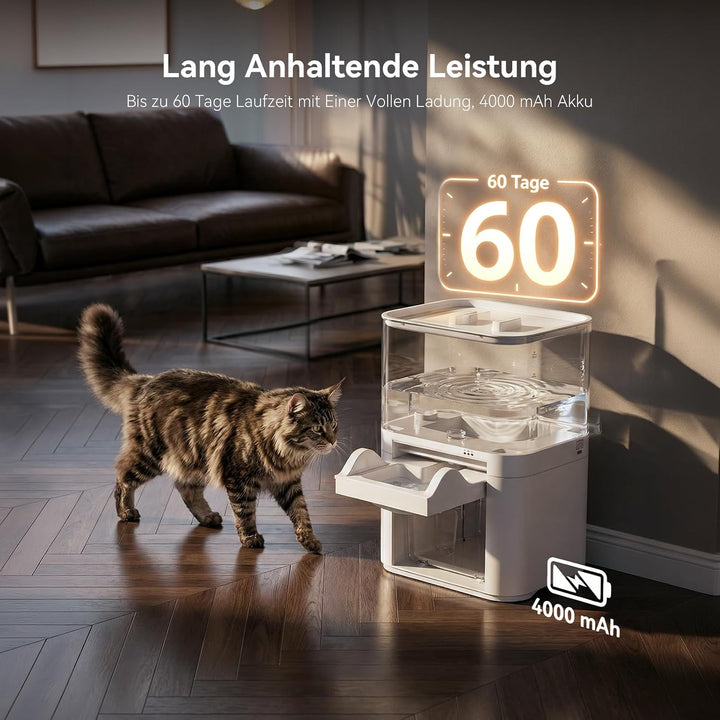Katzenbrunnen mit Abwasserseparation &amp; ohne Filterwatte, Haustierwasserautomat mit 4000mAh &amp; 4L Gros