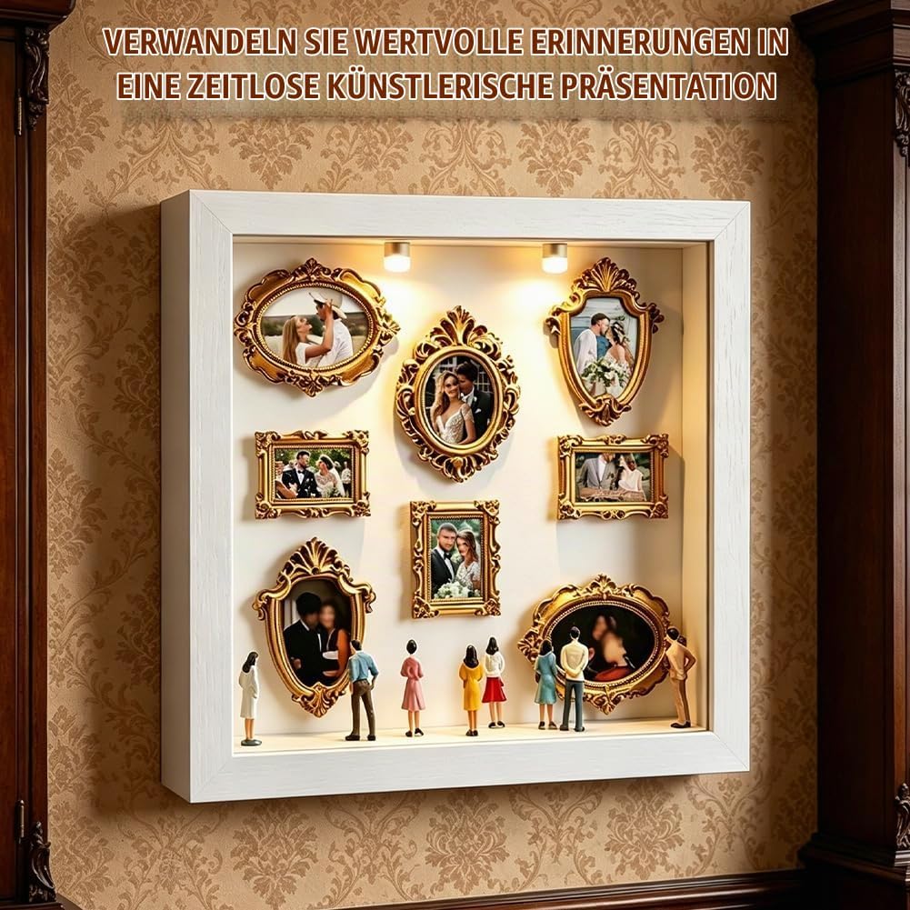 DIY Mini Museum Shadow Box mit LED Licht - Mini Bilderrahmen Vintage Set mit 8 Gold Rahmen &amp; 8 Figur