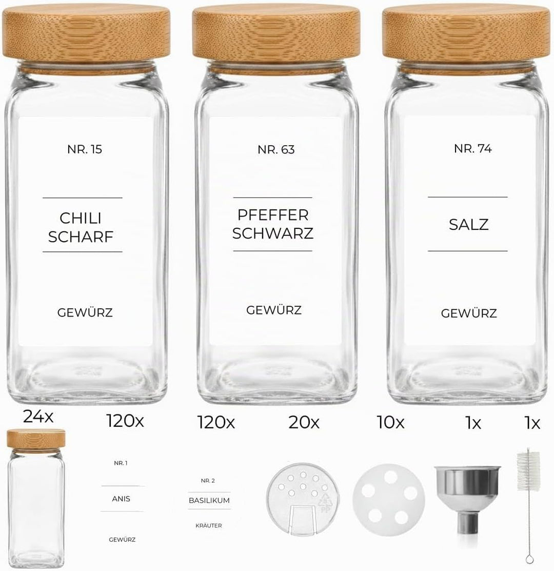 24x Gewürzgläser mit Bambusdeckel inkl. 240x Etiketten, 30x Streueinsätze, 1x Edelstahl Trichter, 1x