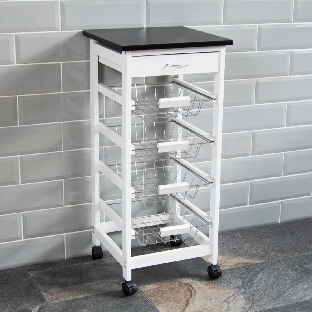 Chef Vida Küchenwagen mit Schubladen, 4-stöckig, Kiefernholz, Weiss/Schwarz, 81 x 37 x 37 cm